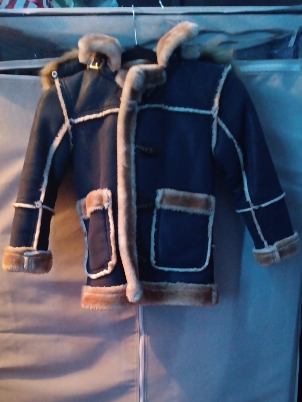 Kids Navy Faux-Shearling Trim Hooded Coat